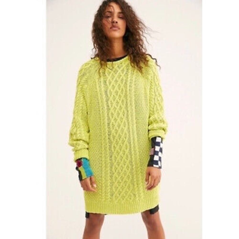 Free People On a Boat Sweater Mini Dress Tunic‎  Womens XS Lime Green Cable Knit